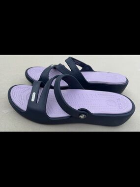 CROCS Women's Navy and Lavender Double-Strap Slide Sandals